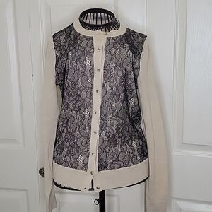 LOFT Tan Cardigan with Black Lace Bodice Size XS
